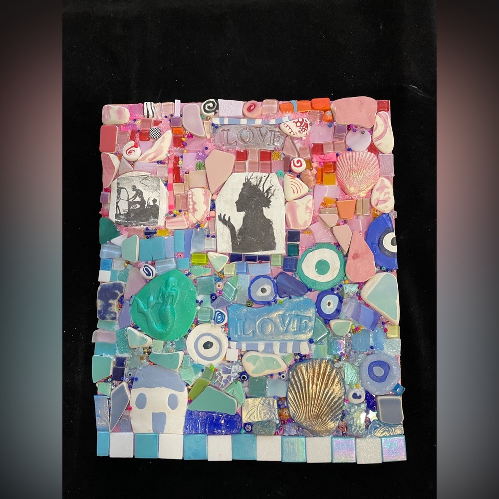 Handmade  Mosaic Art “Ocean Magic “Polymer Clay Glass Original /Wood  12”x10”